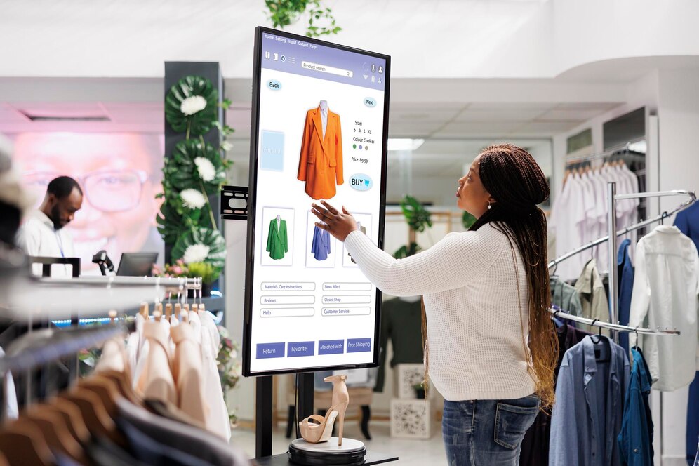 Foto de uma loja de roupas onde uma mulher negra interage com um painel led de mídia indoor