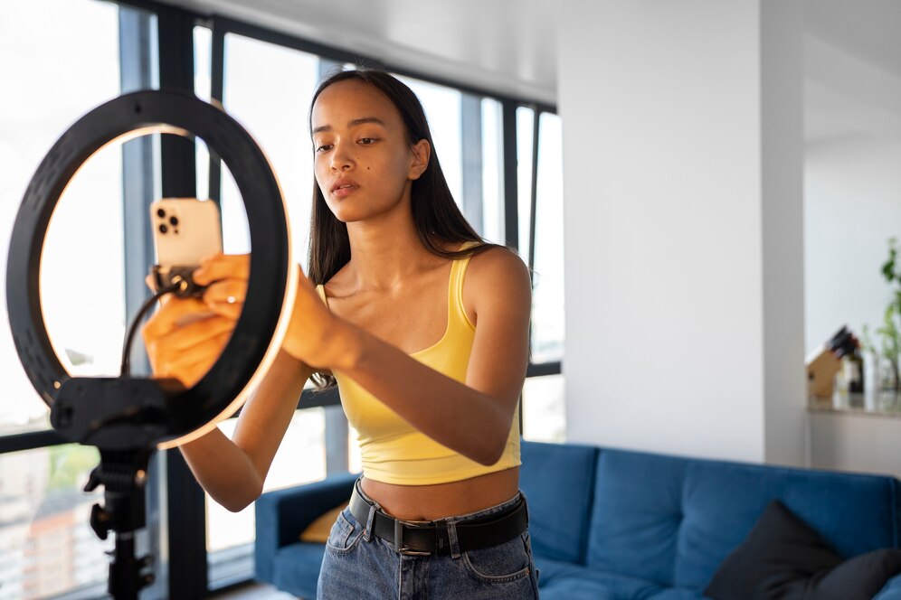 Mulher posicionando seu celular na frente de um tripé de iluminação para produzir seu conteúdo para TikTok. Ela está de blusa amarela e seu fundo é uma sala de estar.