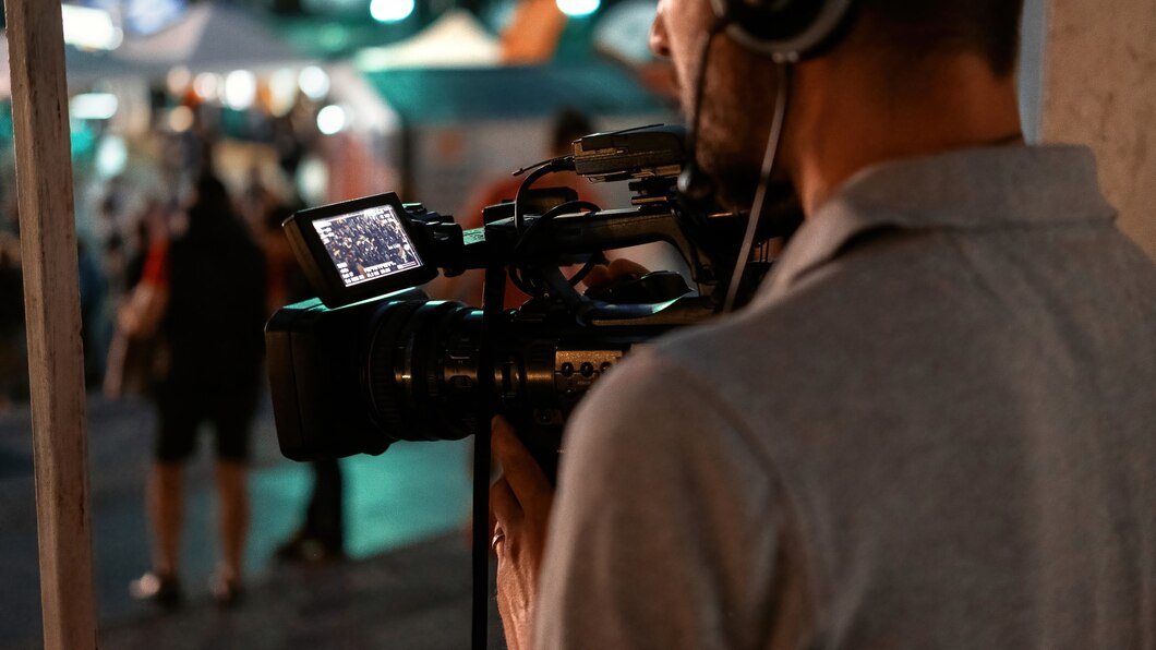 Profissional operando uma câmera de vídeo em um ambiente noturno para cobertura de evento, capturando uma cena com pessoas ao fundo em um local público. A tela da câmera exibe o que está sendo filmado, mostrando uma multidão desfocada. O operador usa um fone de ouvido, concentrado na gravação.